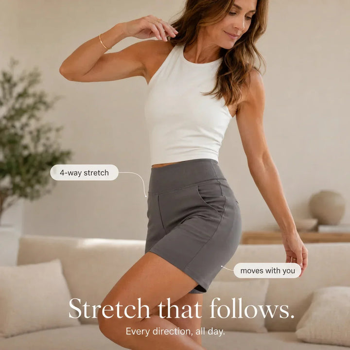 Modern high waist stretch pocket shorts for women, combining comfort with versatile style.