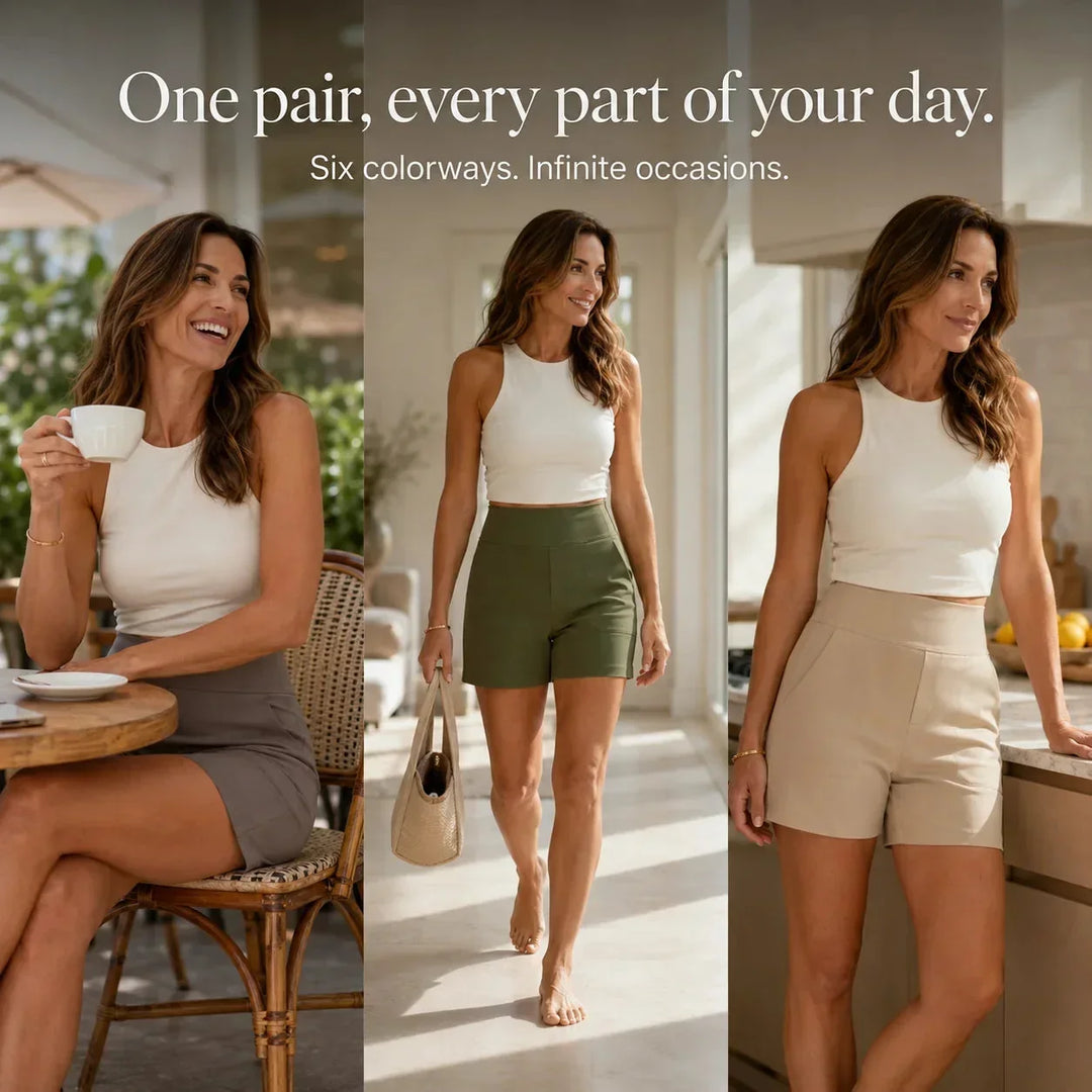 Comfortable ladies' high waist shorts with stretch, featuring useful pockets for daily wear.