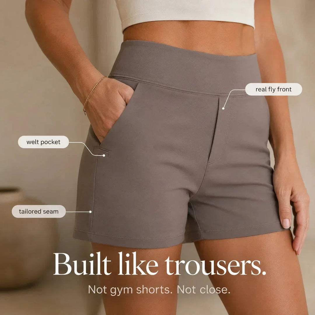 High waist women's shorts with stretch fabric & functional pockets for all-day comfort.