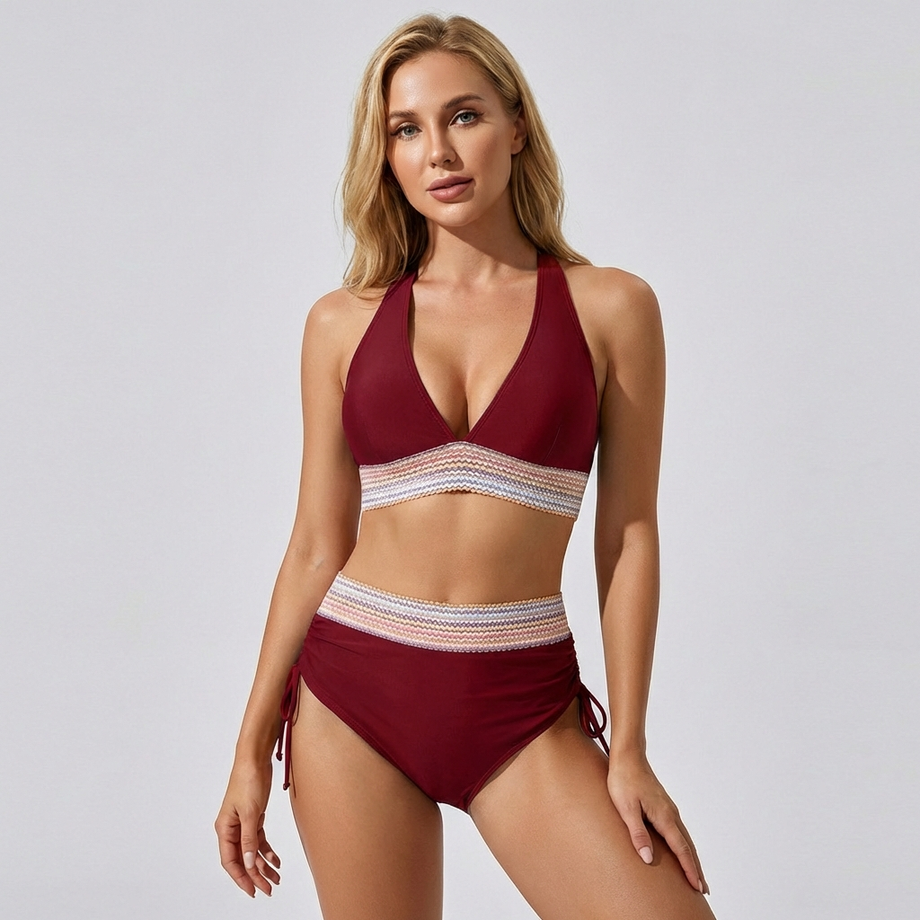 Comfortable women's high-waisted bikini with tummy control, perfect for a flattering beach look. Stylish swimwear.