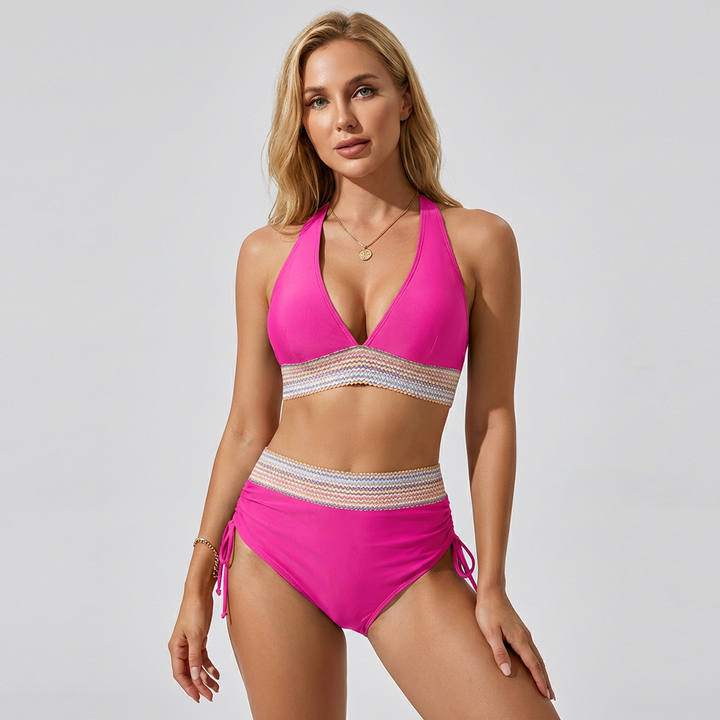 Stylish women's high-waisted bikini swimsuit, offering tummy control for a confident beach day. Essential summer swimwear.