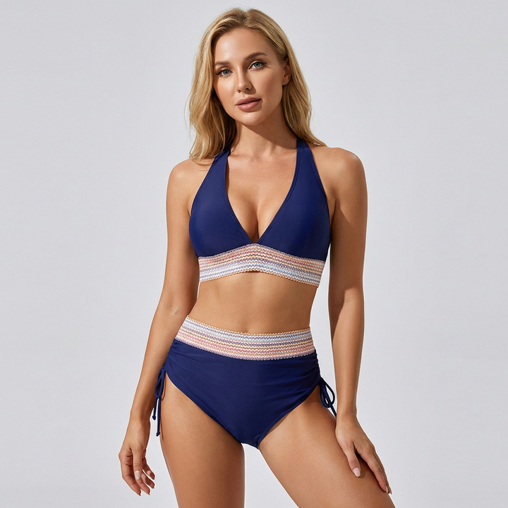 Women's high-waisted tummy control bikini, ideal for swimming, sunbathing, and beach vacations. Comfortable swimwear.