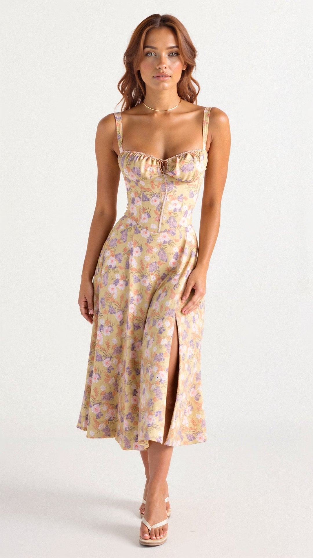 Elegant women's corset midi dress, figure-flattering for stylish evening wear or parties.