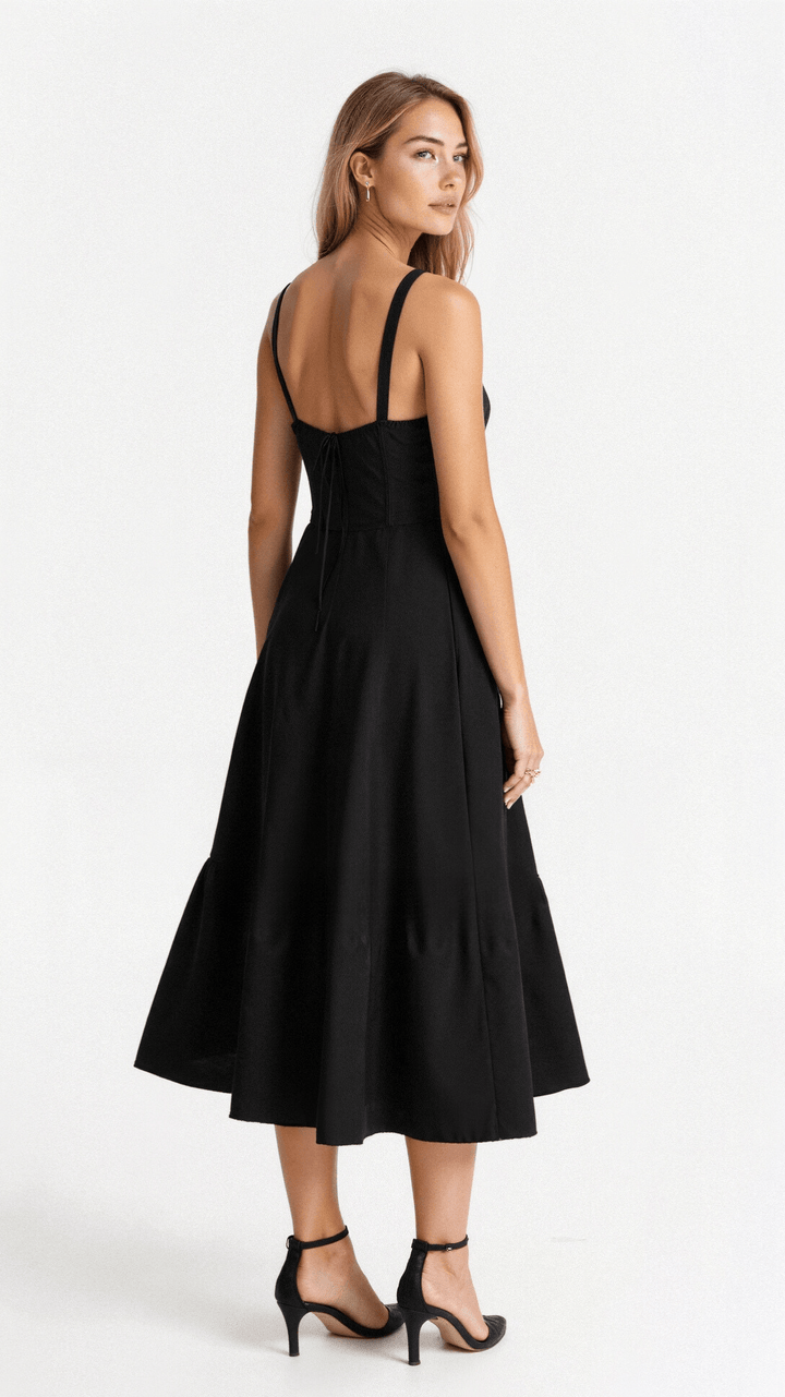 Elegant women's figure-flattering corset midi dress for stylish party and evening wear.