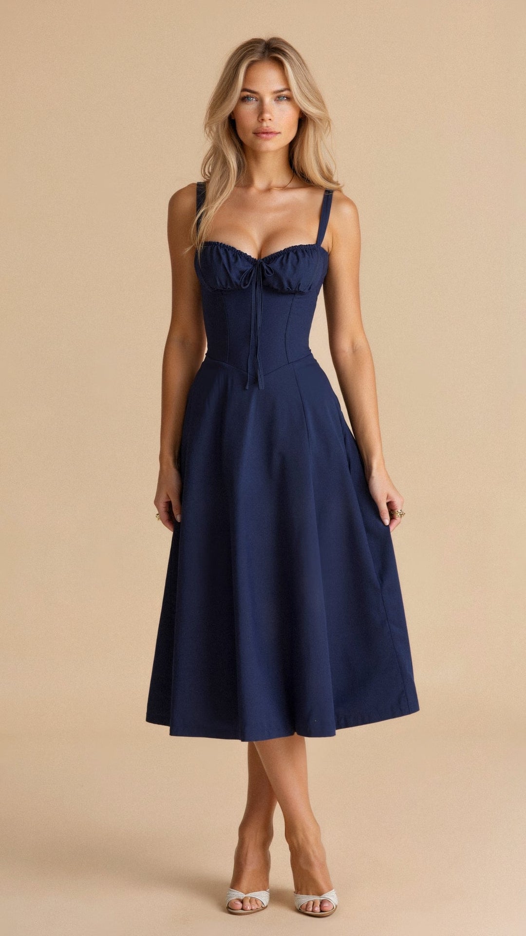 Fashionable women's midi corset dress, offering an elegant, figure-flattering style for evening wear.