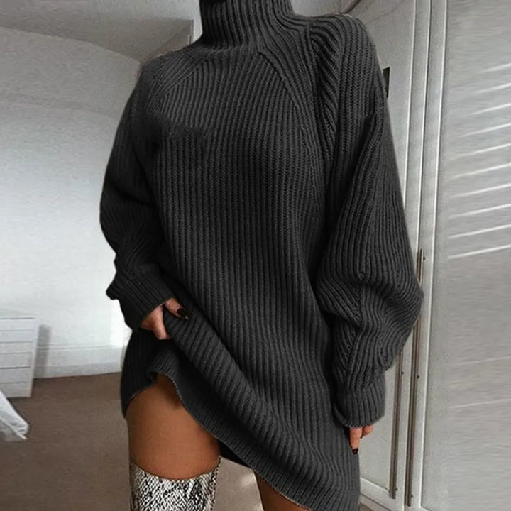Rich Celeste blue women's cozy turtleneck dress, a warm long sleeve sweater dress for winter elegance.