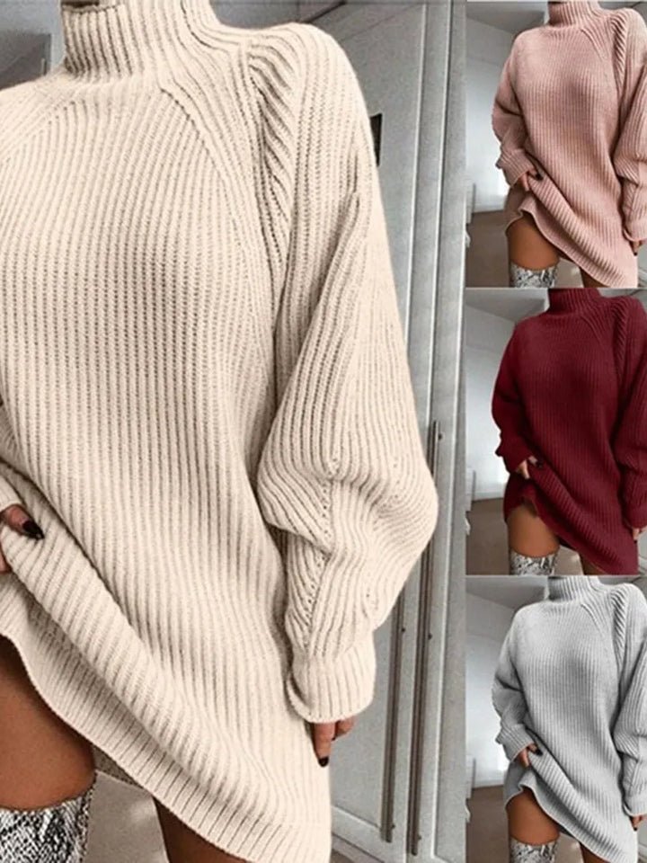Flattering Celeste turtleneck sweater dress for women, a stylish long sleeve cozy winter fashion piece.