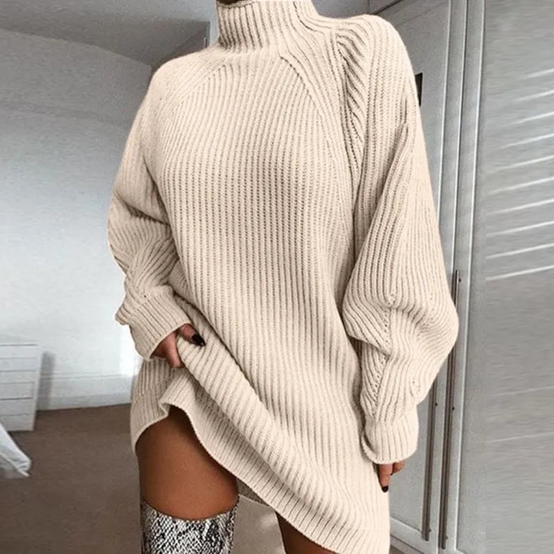 Elegant Celeste women's turtleneck dress, a warm, long sleeve, cozy sweater dress for winter fashion.