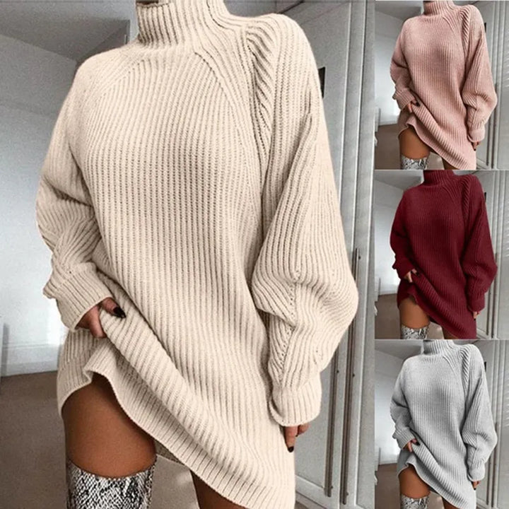 Women's cozy Celeste turtleneck sweater dress, perfect for winter warmth & casual elegance.