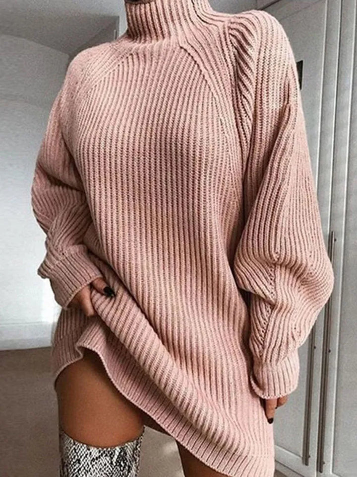 Elegant long sleeve Celeste turtleneck dress, a warm and fashionable winter sweater dress for women.