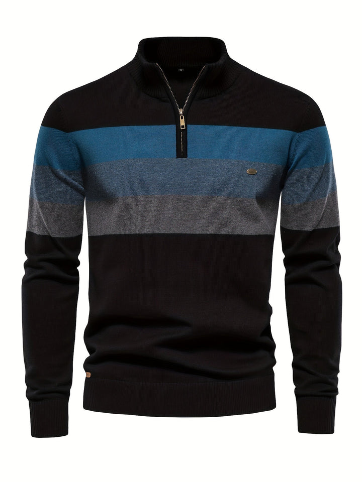 Wyatt men's cotton knitted color block pullover sweater, a stylish half-zip for casual autumn wear.