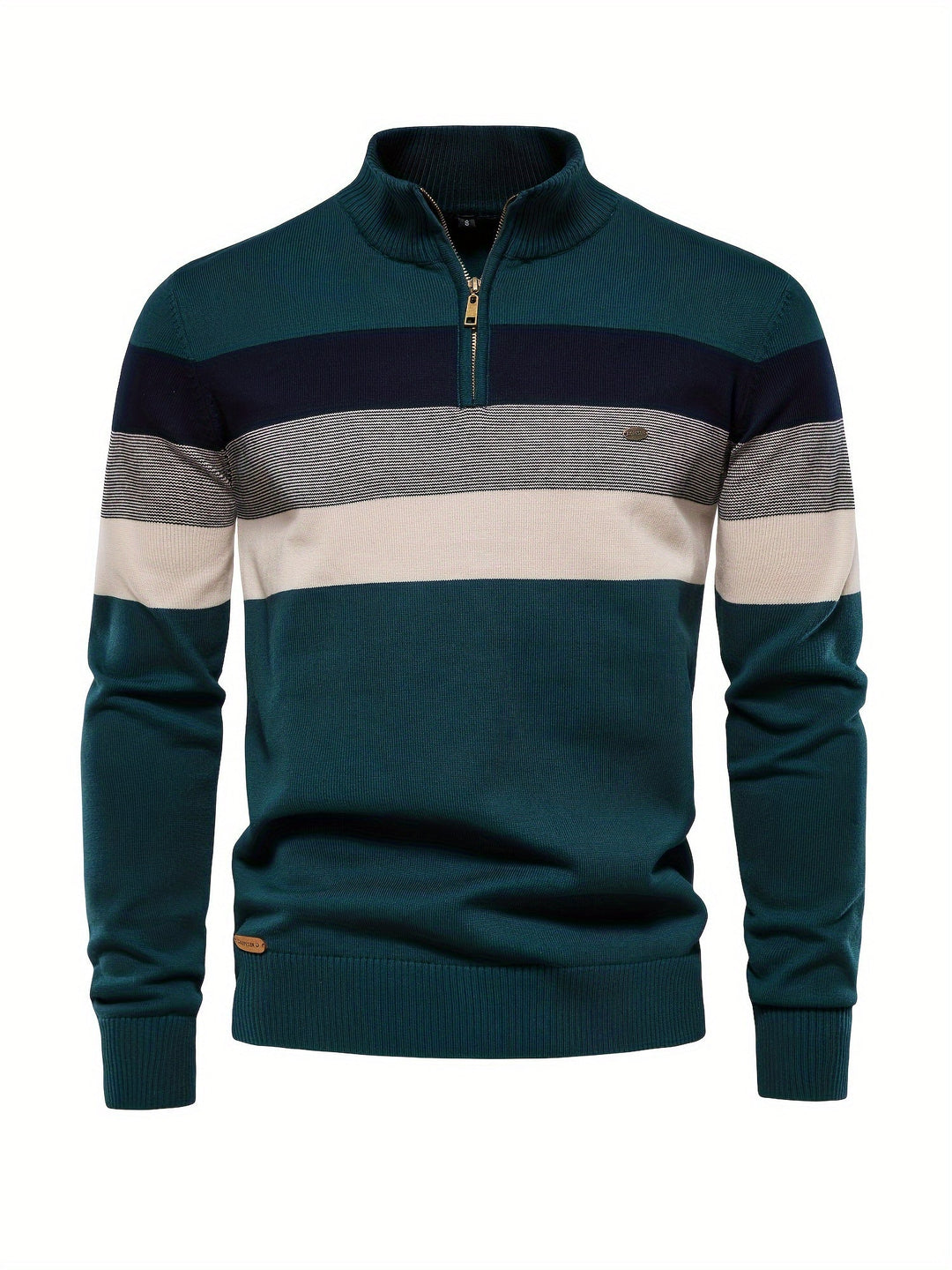 Men's stylish cotton knitted half-zip color block pullover sweater for casual winter fashion.