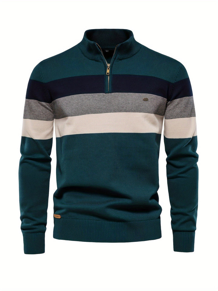 Men's stylish cotton knitted half-zip color block pullover sweater for casual winter fashion.