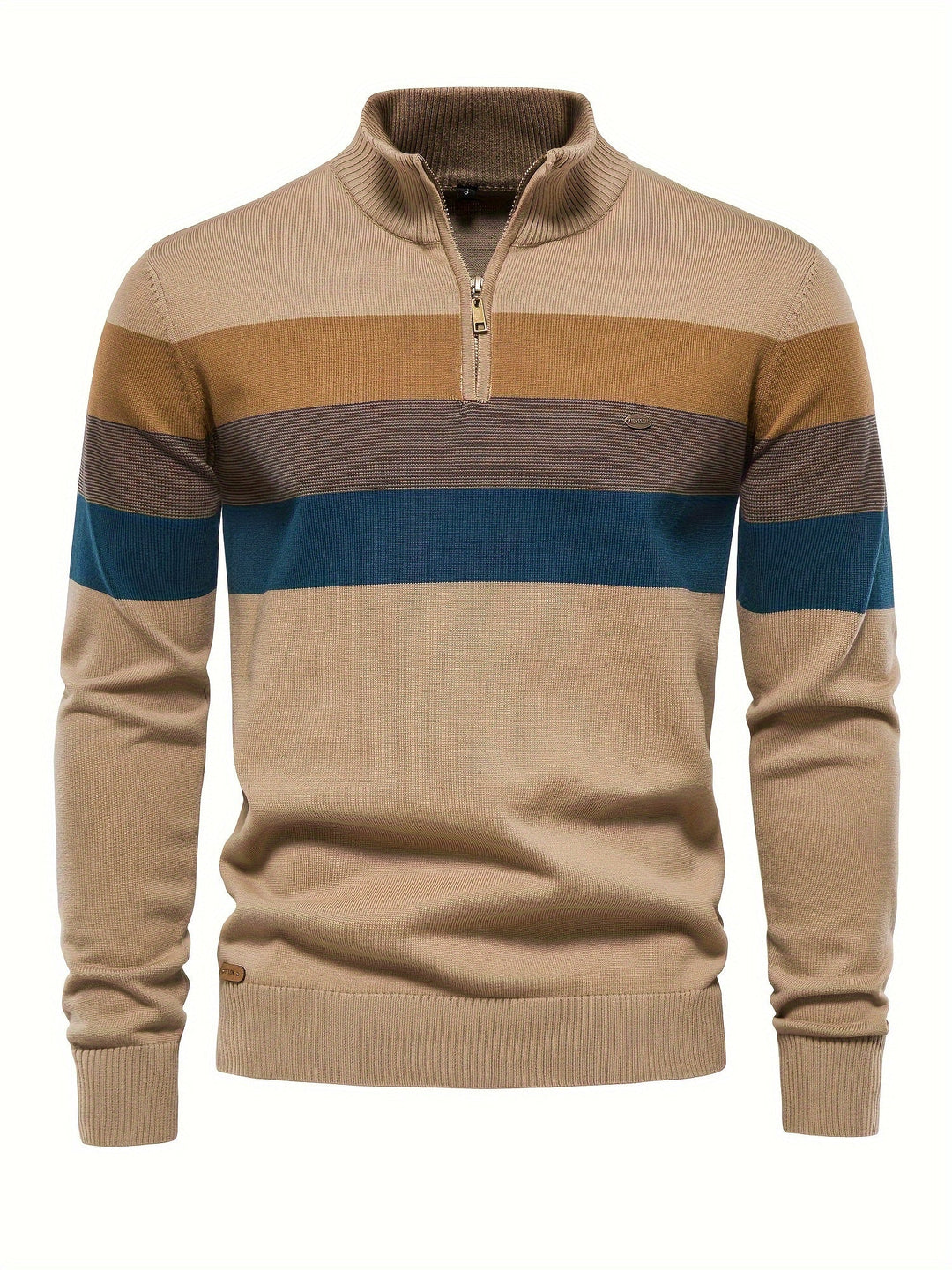 Men's casual half-zip pullover sweater. Knitted cotton & stylish color block design for winter fashion.