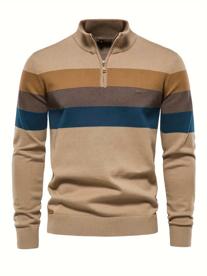 Men's casual half-zip pullover sweater. Knitted cotton & stylish color block design for winter fashion.