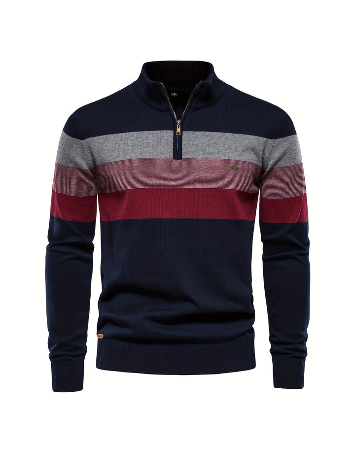 Versatile men's half-zip color block pullover sweater. Ideal casual wear for autumn & winter fashion.
