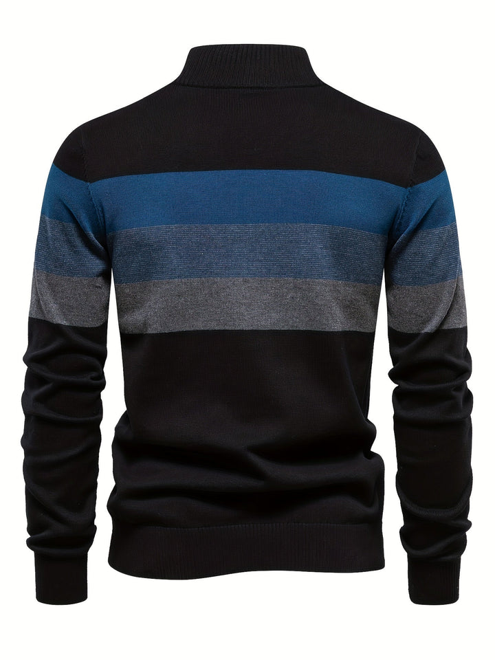 Wyatt men's casual cotton knitted half-zip pullover. Stylish color block sweater for autumn apparel.