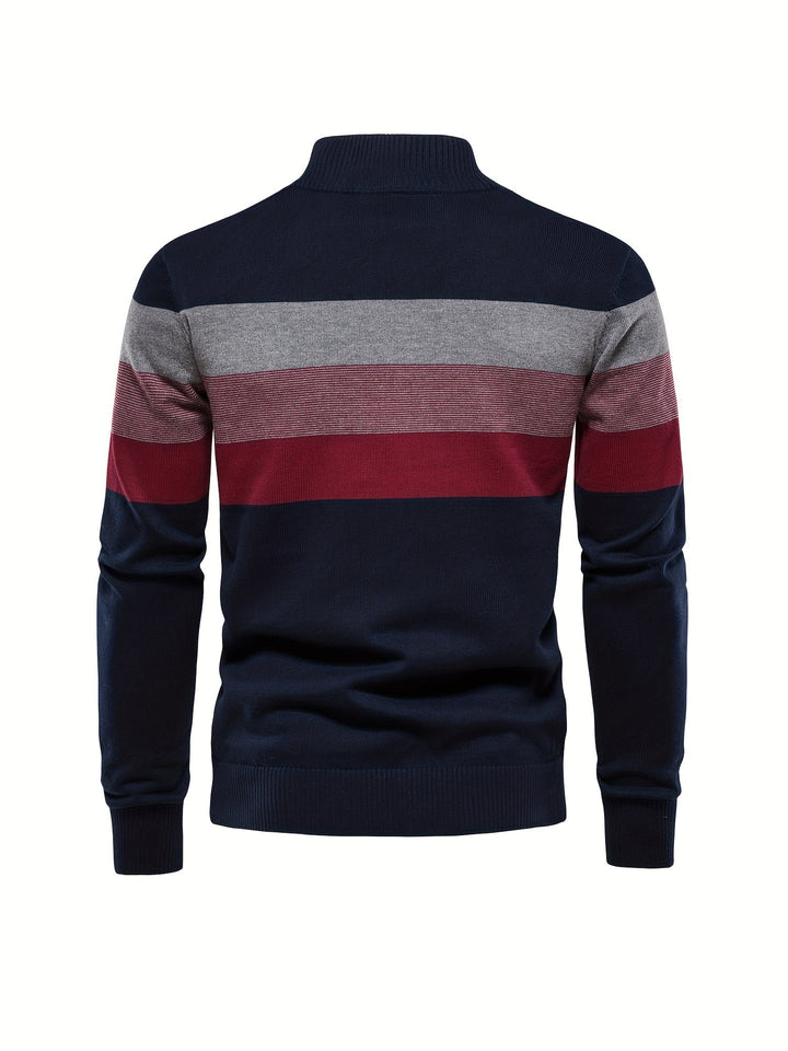 Cozy men's cotton knitted pullover sweater. Half-zip color block for stylish casual autumn & winter wear.