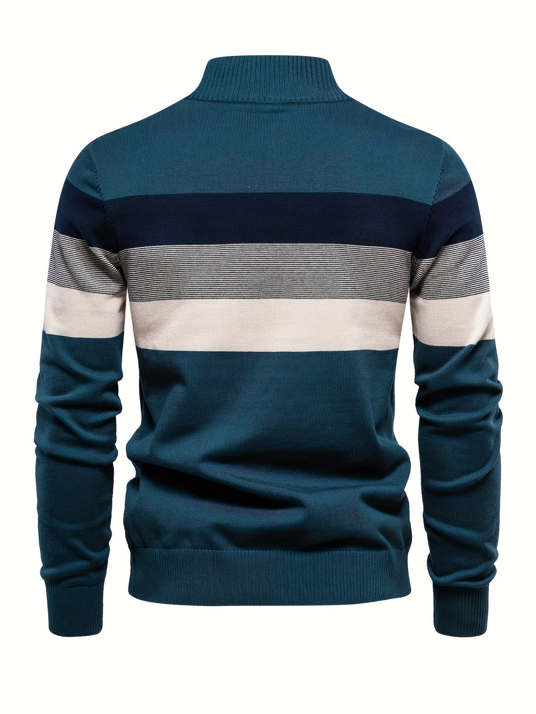 Modern men's color block half-zip pullover sweater. Cotton knitted, perfect for stylish casual winter fashion.