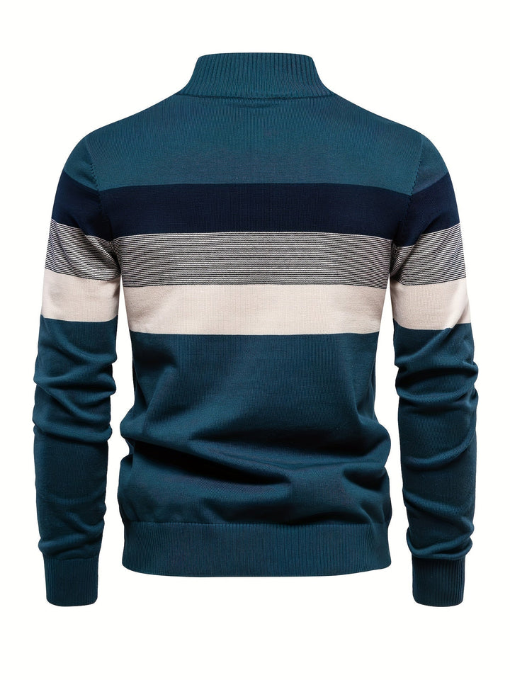Modern men's color block half-zip pullover sweater. Cotton knitted, perfect for stylish casual winter fashion.