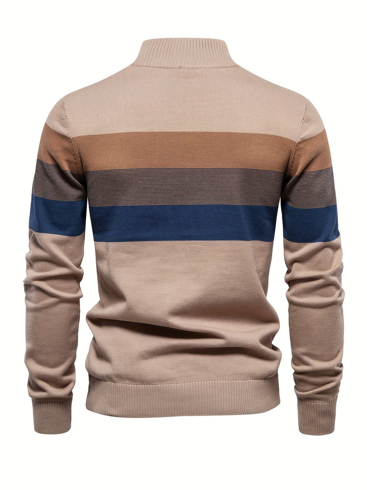 Men's half-zip color block pullover. Warm cotton knitted sweater, great for autumn & winter casual wear.