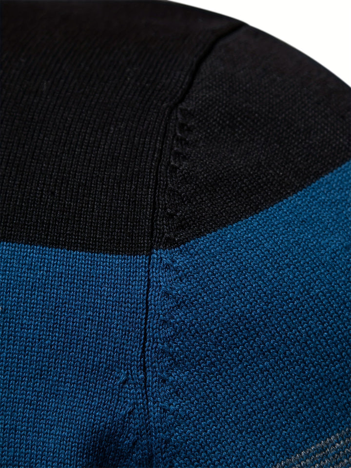 Stylish men's cotton knitted half-zip pullover sweater with a striking color block design for casual wear.