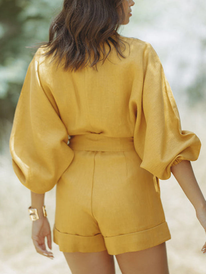 Women's Linen Belted Shorts Jumpsuit
