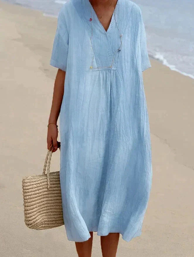 Women's Aria cotton linen midi dress, A-line, V-neck, perfect for summer casual wear or vacation.