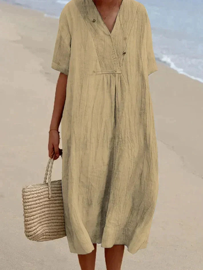 Versatile women's Aria cotton linen midi dress, V-neck, relaxed fit, suitable for casual summer and beachwear.
