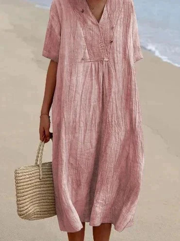 Chic women's cotton linen V-neck midi dress, A-line, sleeveless, great for effortless everyday summer fashion.