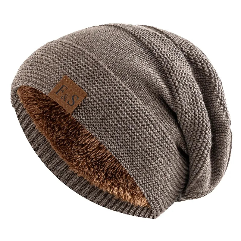 Cozy khaki fleece-lined winter beanie hat for men and women.