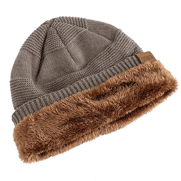 Warm unisex winter beanie with soft fleece lining, perfect for cold weather.