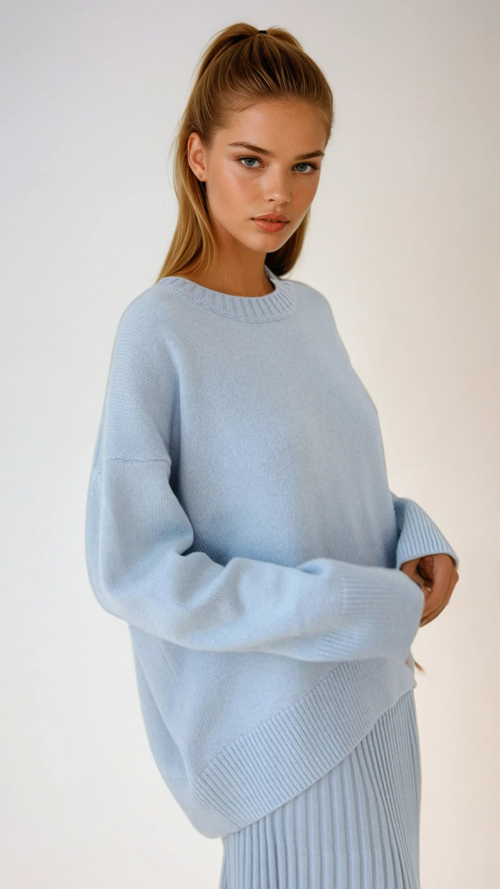 Cozy oversized crewneck knit sweater in a warm beige hue, perfect for casual style.