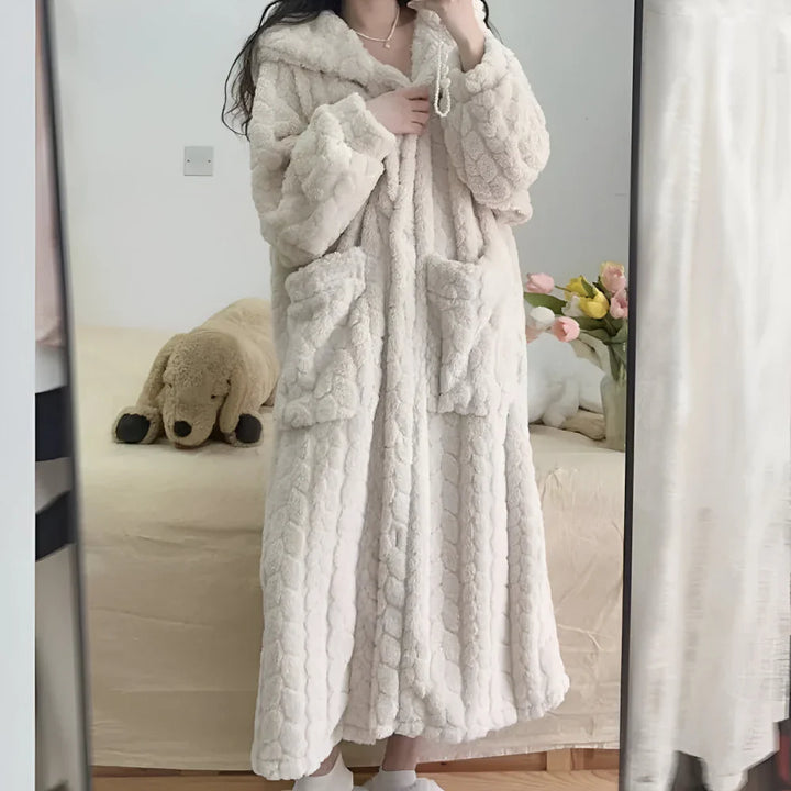 Cozy women's hooded long sleeve lounge robe in plush fabric for ultimate comfort.
