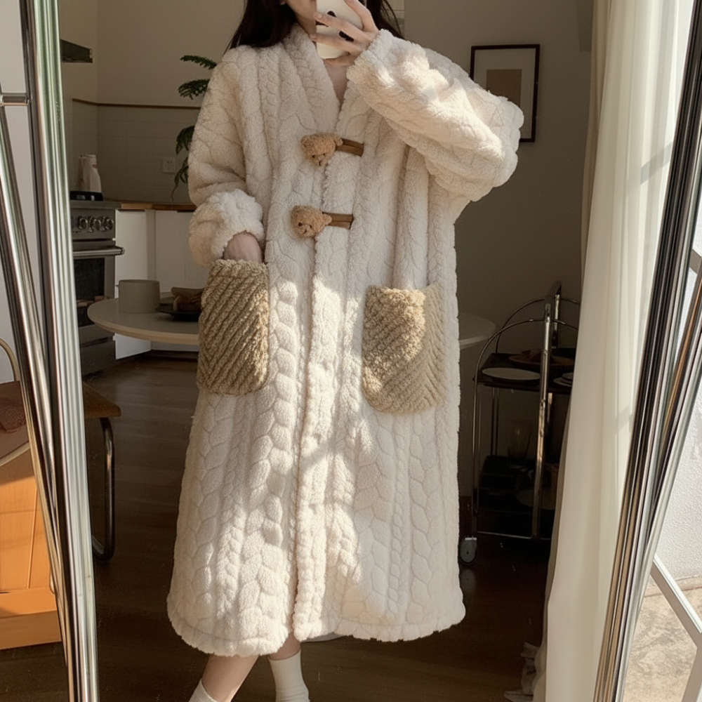 Soft and warm long sleeve robe, ideal as winter sleepwear and loungewear.