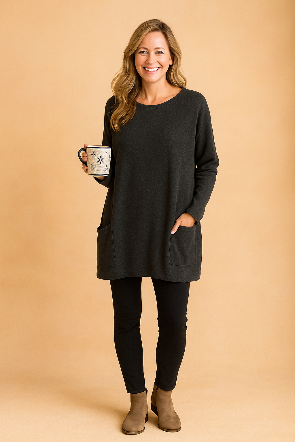 Cozy womens oversized sweater with convenient front pocket, perfect for everyday wear.