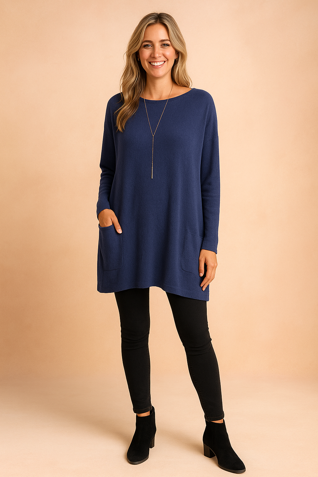 Chic and cozy pocket sweater for women, offering a relaxed fit for daily style.