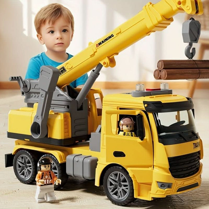 Yellow & blue kids' interactive crane toy with working lights & sounds for imaginative construction play.
