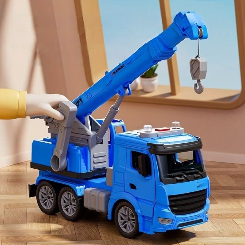 Preschool kids engaging with a vibrant yellow & blue interactive crane toy, featuring realistic lights & sound effects.
