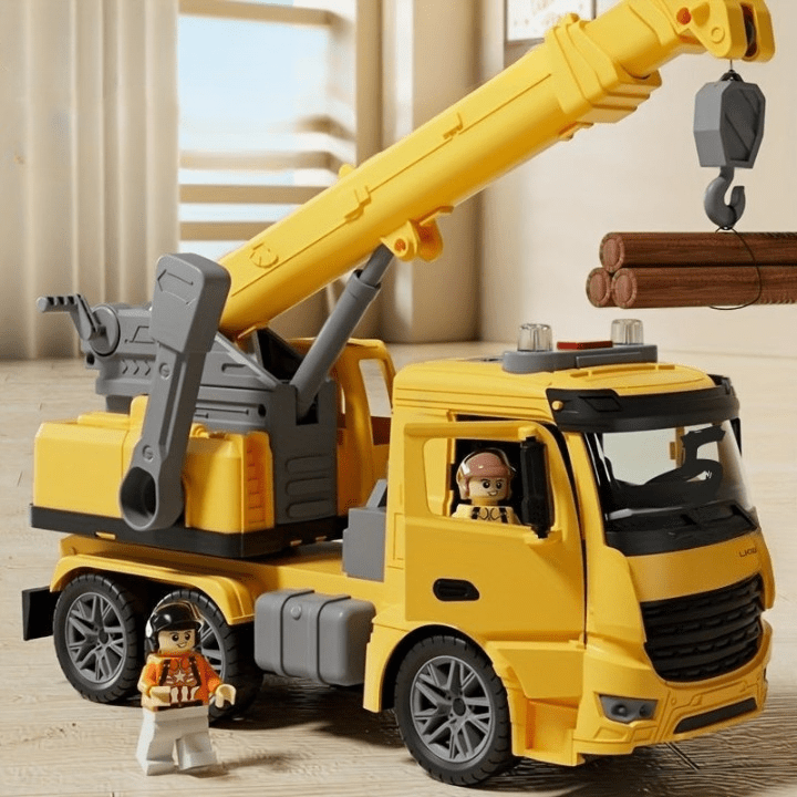 Bright yellow and blue construction crane toy for kids, offering interactive building play with exciting lights and sounds.