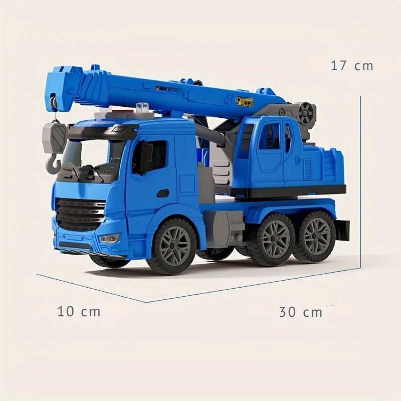 Durable yellow and blue outdoor crane toy with interactive lights & sounds, perfect for developing motor skills in young kids.