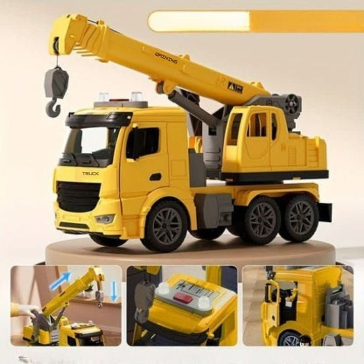 Fun yellow & blue interactive crane toy for kids, bringing construction adventures to life with lights & sound.
