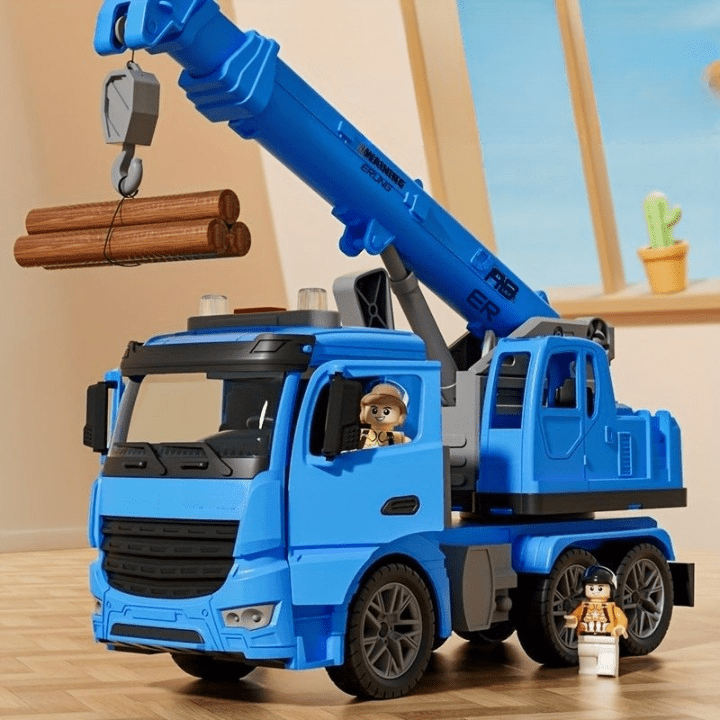 A yellow and blue kids' building crane toy, interactive with lights and sounds, ideal for preschool construction play.