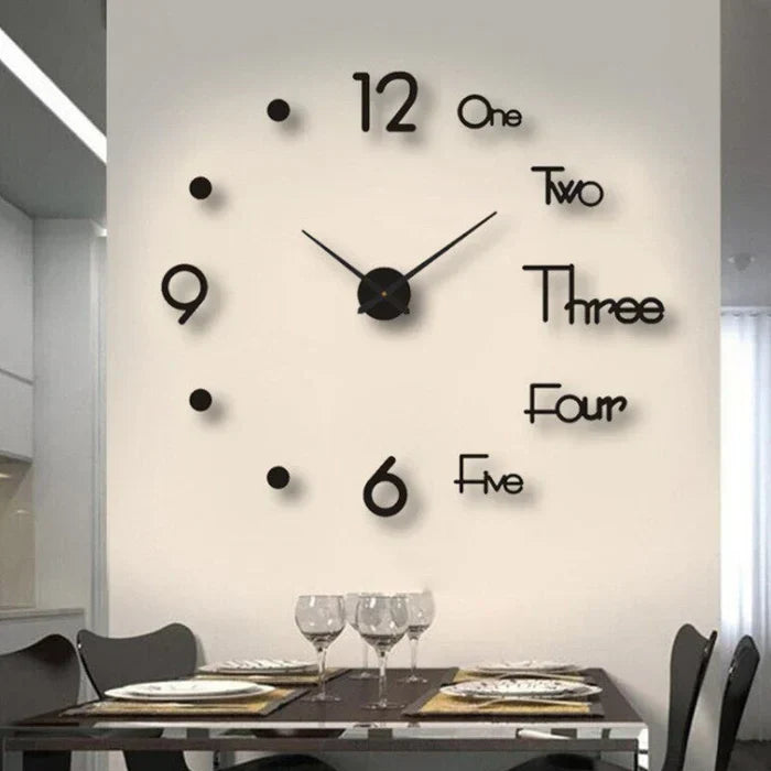 Self-adhesive DIY wall clock, oversized 3D numbers, modern frameless art decor, easy application.