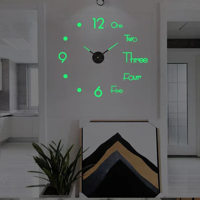 Oversized DIY wall clock on a modern white wall, black numerals, creative statement piece home decor.