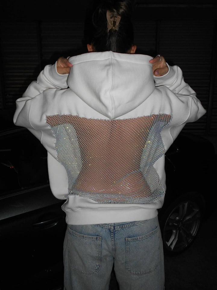 Elegant women's open back hoodie, crafted with dazzling crystal mesh for evening wear.