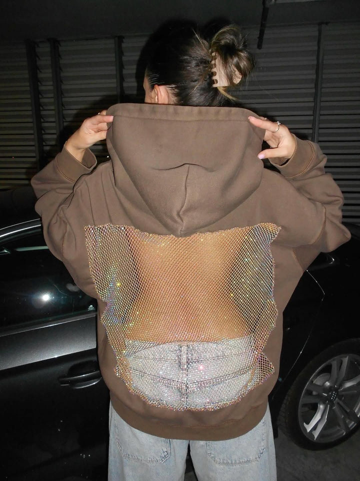 Glamorous open back hoodie for women, featuring sparkling crystal mesh design.