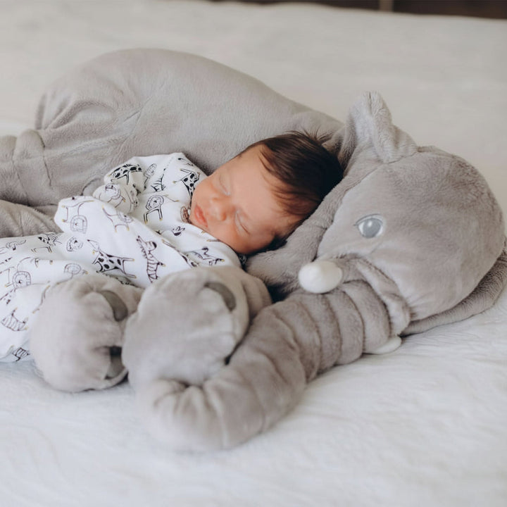 Soft gray plush elephant pillow; comfy stuffed animal for baby comfort & children's gift.