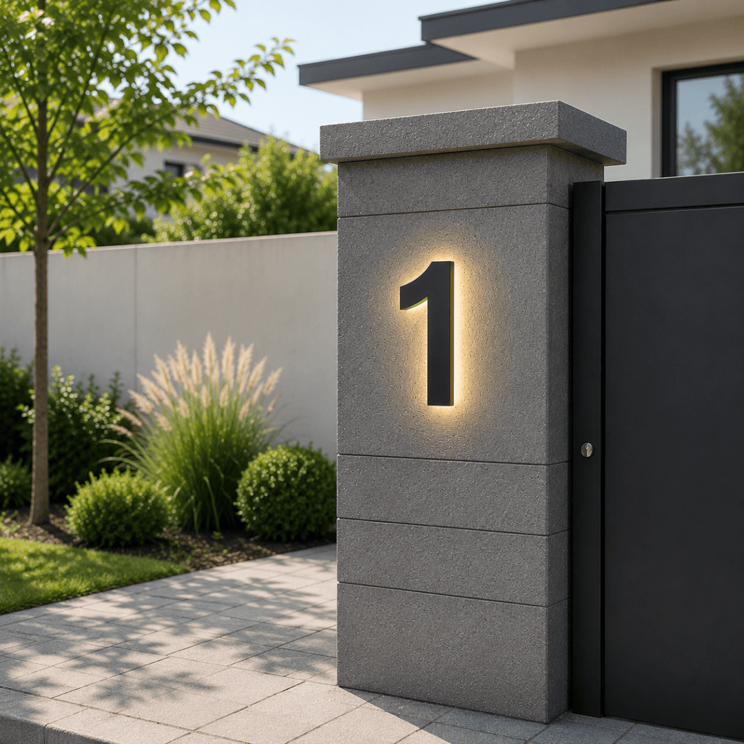 Modern outdoor LED house numbers for contemporary home identification, enhancing curb appeal day & night.