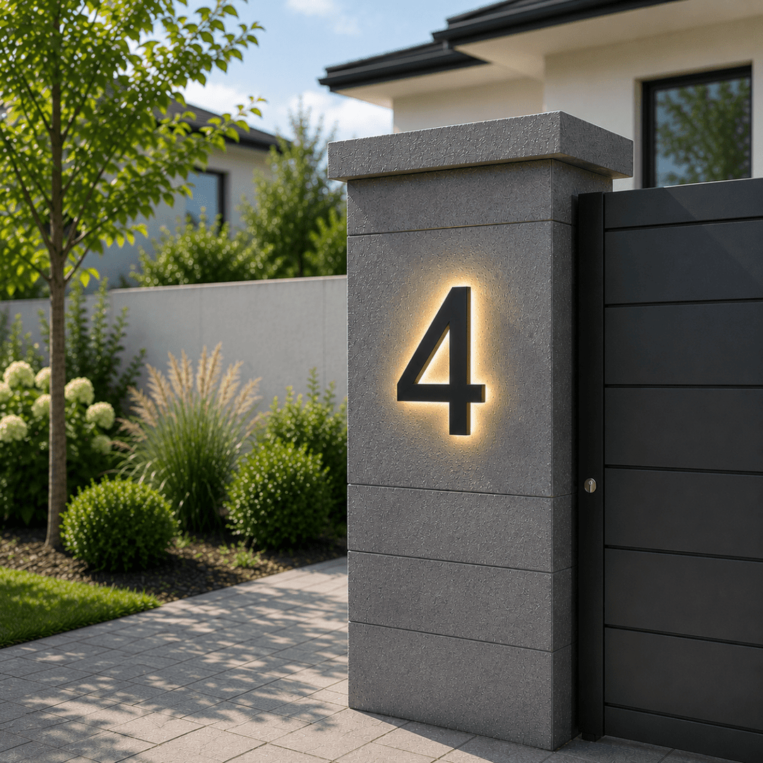 Sleek, modern LED house numbers provide excellent night visibility, a stylish outdoor lighting solution.